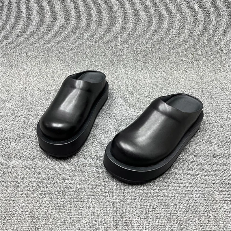 Closed Toe Half Slippers Women's Outer Wear Summer New Genuine Leather Sandals Thick Bottom Big Head Ugly and Cute Lazy Shoes
