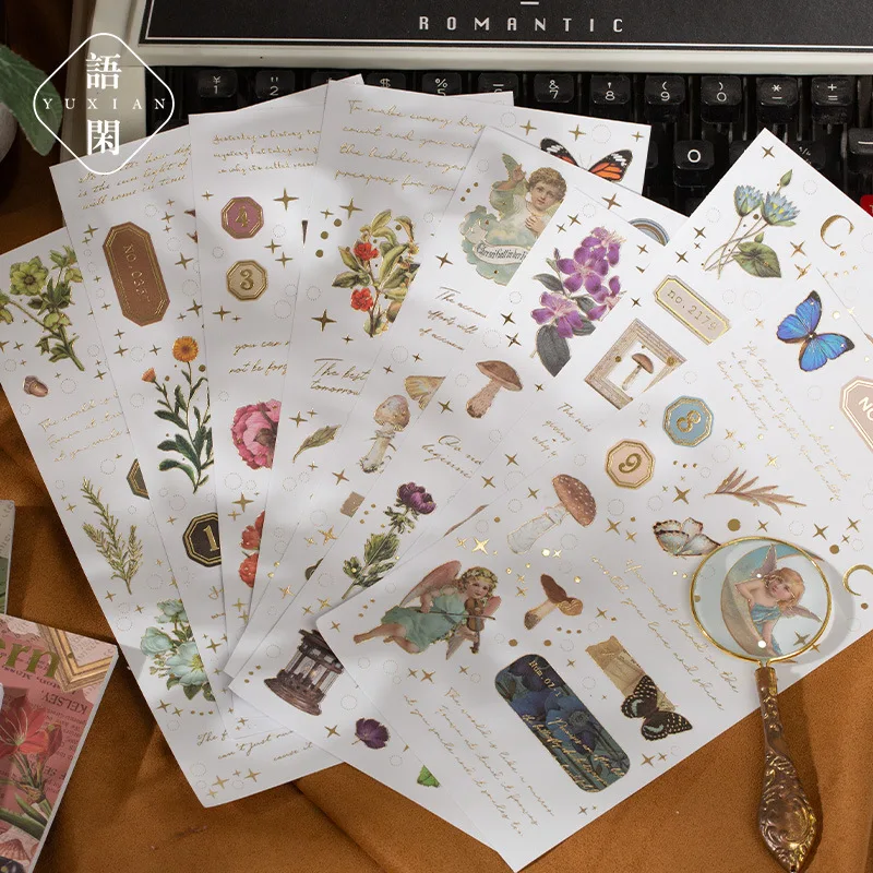 

24sheets Vintage Brozning Sticker Book Retro Rose Flowers Decorative Scrapbooking Label Diary Journal Planner Aesthetic Stickers