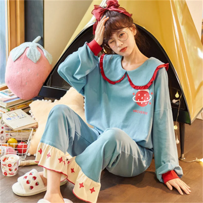 Autumn Pajamas Set Sexy Princess Neck Sleepwear For Women Pink Elastic Pyjama Women's Fashion Soft Cotton Homewear Clothes