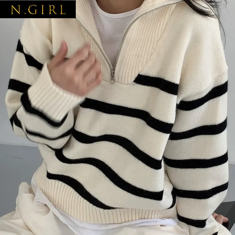 

N GIRLS Thick 2022 Autumn Winter Loose Casual Lazy Lapel Zipper Striped Knitting Sweaters Women Pullover Pull College Style Men