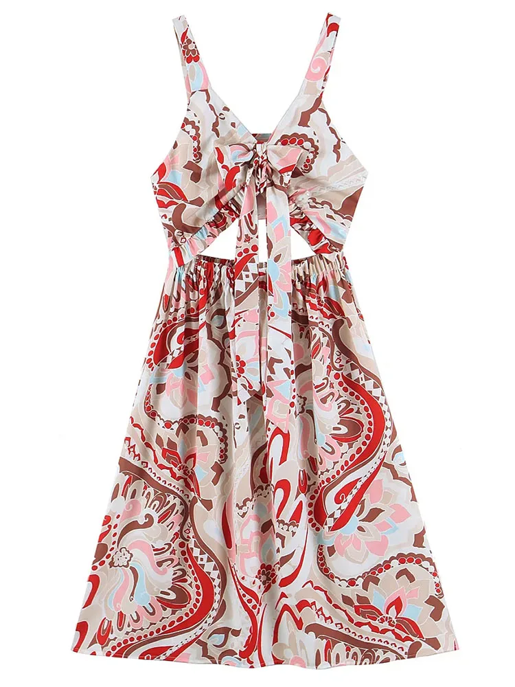 

Trendeez Casual All-Print V-Neck Cutout Sling Bow Knee-Length Dress