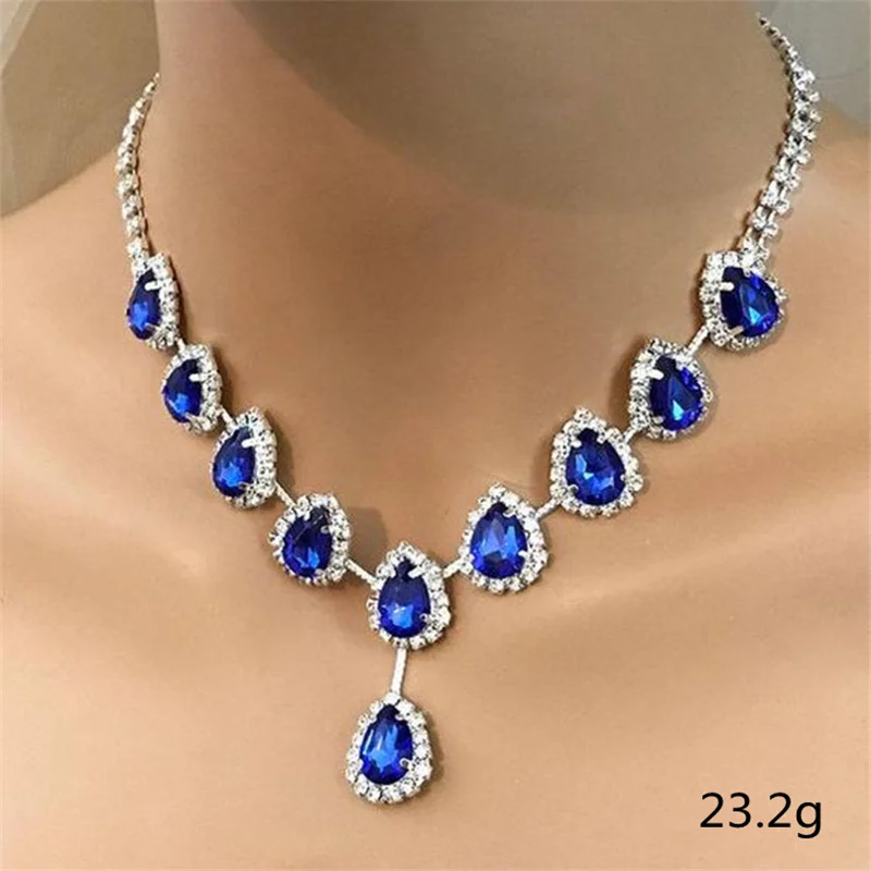 

Trendy Blue Water Drop Rhinestones Bridal Earrings Women's Necklace With Inlaid Zircon Pandent Earrings For Women Jewelry Sets