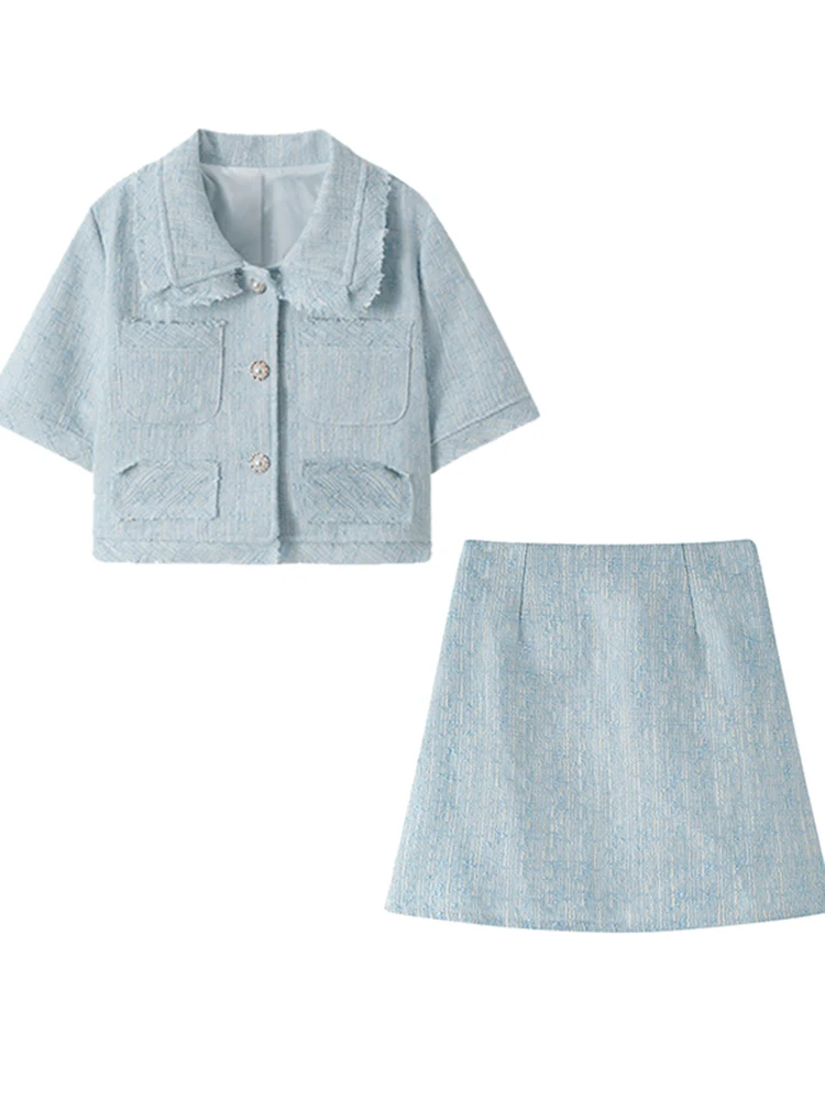 

Women Summer Two 2 Piece Set Korean Style Elegant Single Breasted Tassel Short Sleeve Tops and High Waist Bodycon Mini Skirt Za