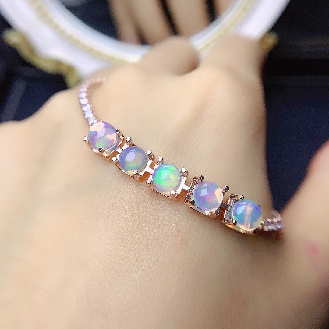 925 Silver Bracelet with 5 Round 6.5mm Natural Opal Bracelets Fashionable Couples Holiday Party Gift women's Jewelry