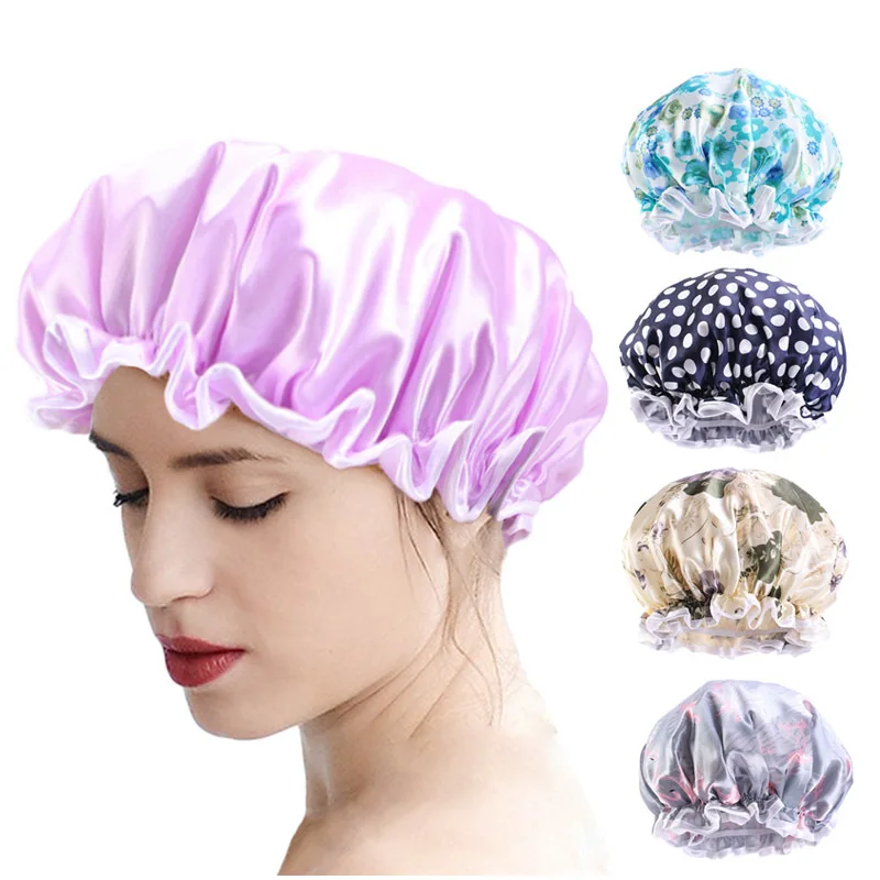 Double Layer Satin Cloth Waterproof Shower Cap Thickened Adult Men's and Women's Bath Cap Oil-proof PE Cloth Baked Oil Cap