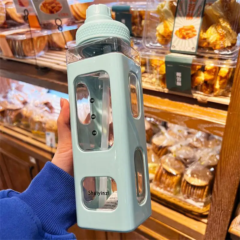 

700Ml Water Bottle Cute Square Flat Water Bottle Bpa Free with Straw and Strap Summer Sippy Plastic Cup Leak Proof Large Capacit