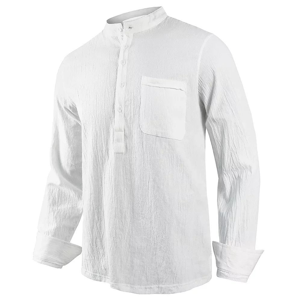 

Men's Long-Sleeved Shirts Summer Solid Color Stand-Up Collar Casual Beach Style Plus Size Cotton Line Hot Sale