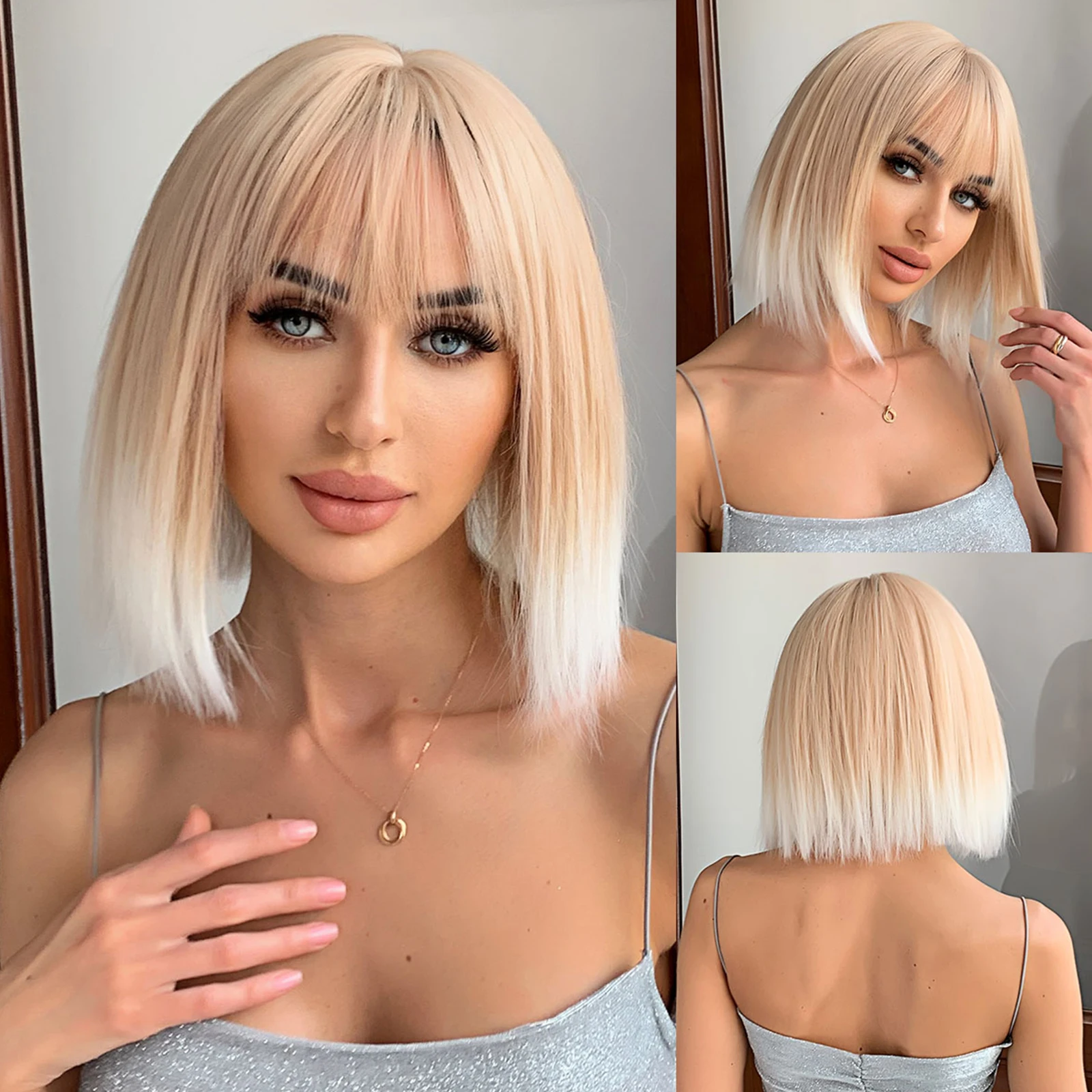 

Short Bob Blonde Ombre Straight Wig with Bang Natural Looking High Density Soft Wigs Daily Party Synthetic Hair Heat Resistant