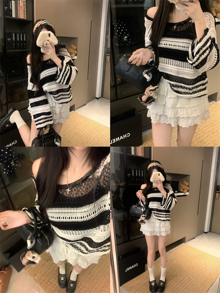 Полосатая блузка с защитой от солнца из вискозы вязаная для кондиционера женский