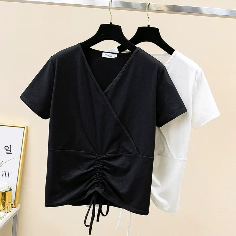 Женская летняя футболка с V-образным вырезом и коротким рукавом