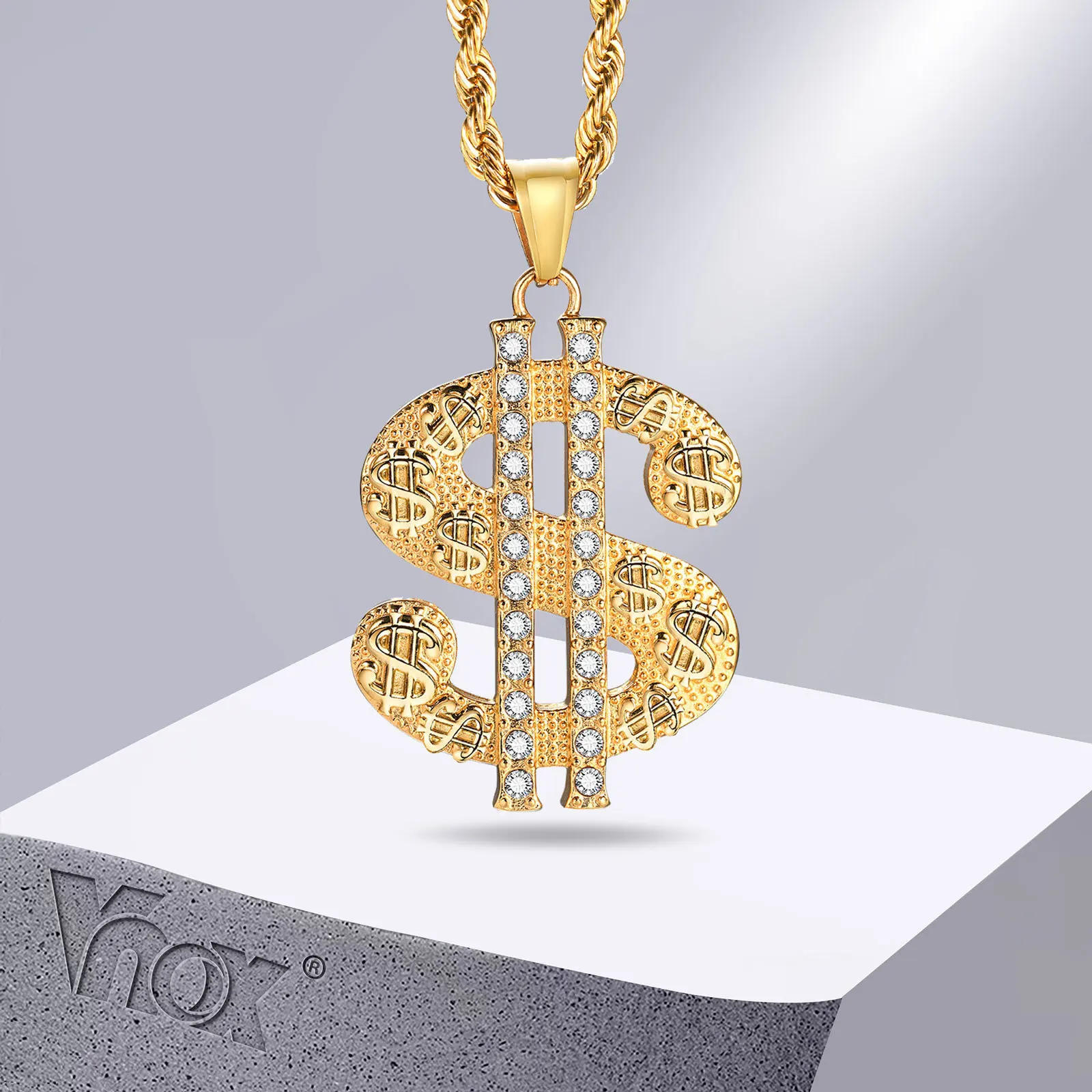 

Vnox Rock US Dollar Pendant for Men, Gold Color Stainless Steel with CZ Stones Necklace, Heavy Punk Hiphop Boys Necklace