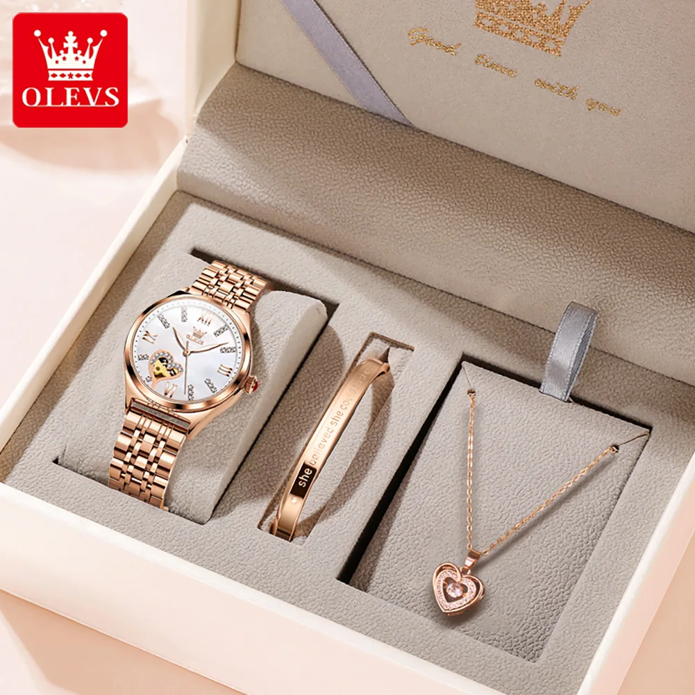 3 шт./компл. OLEVS 6636 механические часы из нержавеющей стали для женщин роскошные