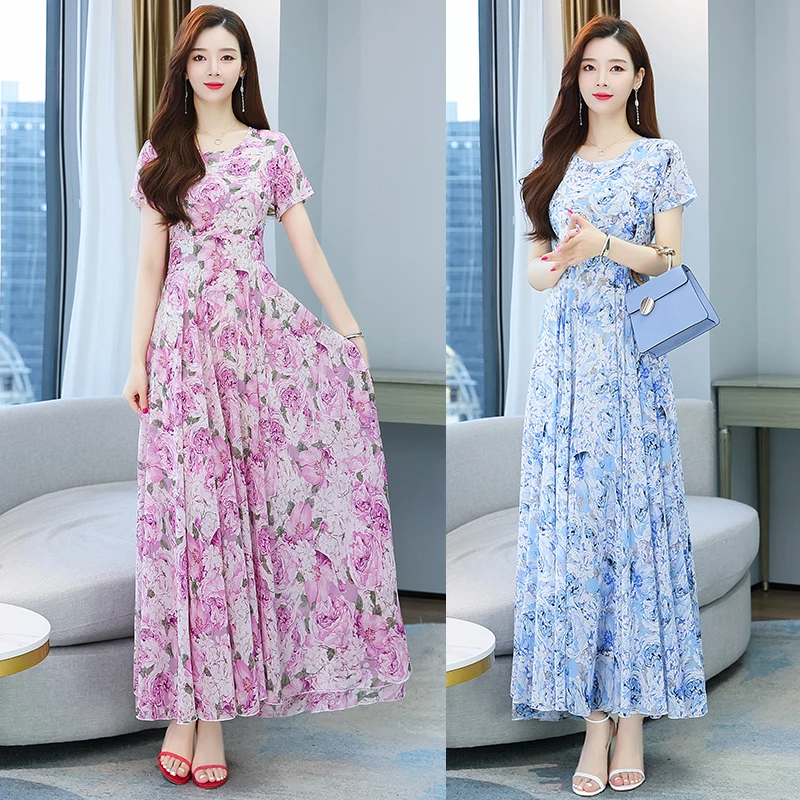 

Summer Purple Chiffon Boho Beach Maxi Dress for Women Casual O-neck Bodycon Prom Dresses 2023 Short Sleeve Night Party Vestidos