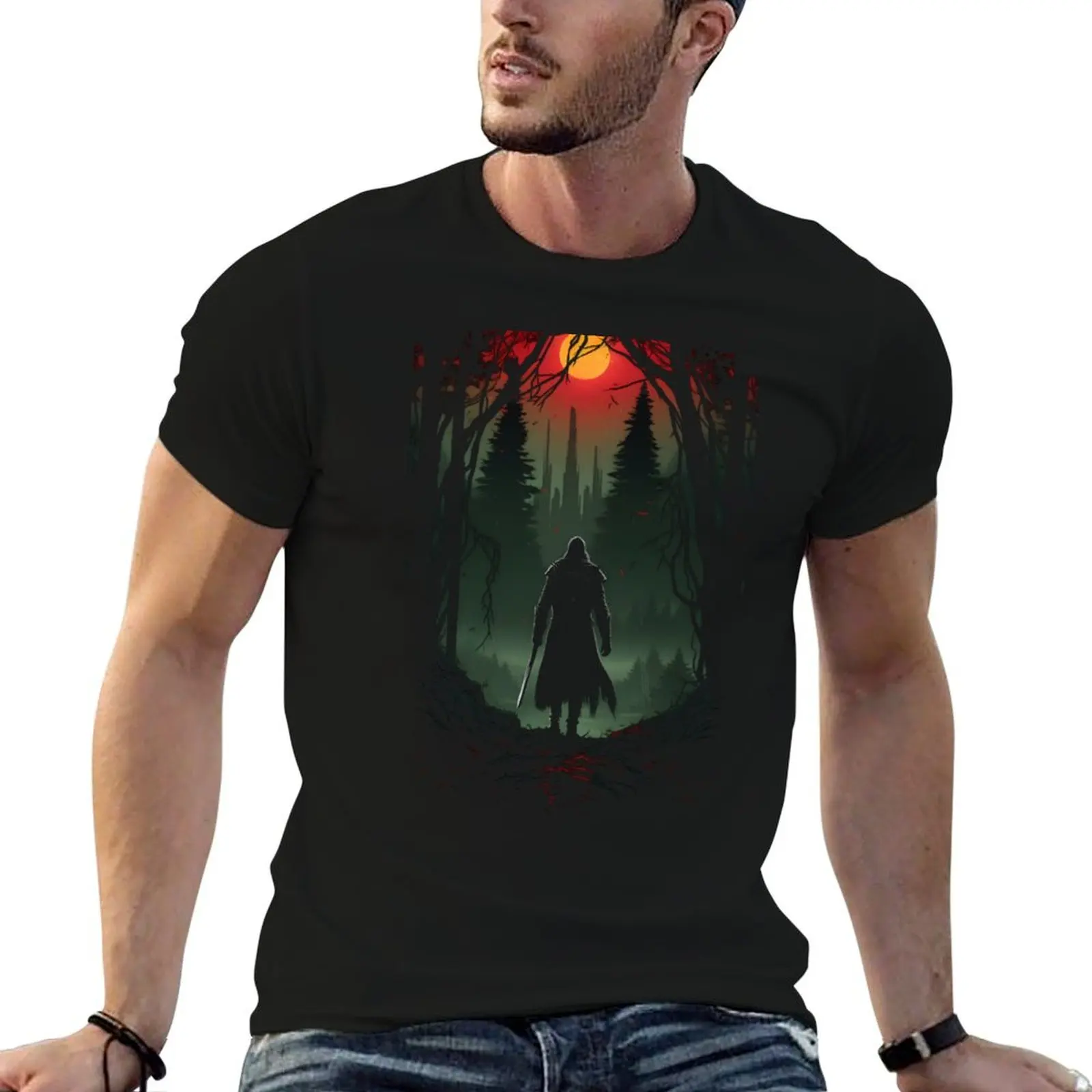 Фото Футболка Sunset Monster Hunter II - Silhouette - Witcher, простая однотонная футболка с круглым вырезом №1
