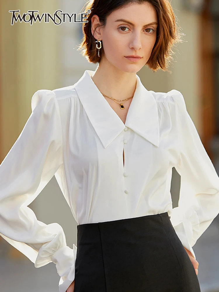

TWOTWINSTYLE Vintage White Shirt For Women Lapel Lantern Sleeve Solid Minimalist Button Through Blouse Female Clothing Style New