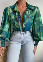 2022 summer print womens shirt single breasted lantern long sleeve loose shirts female spring elegant fashion ladies clothes