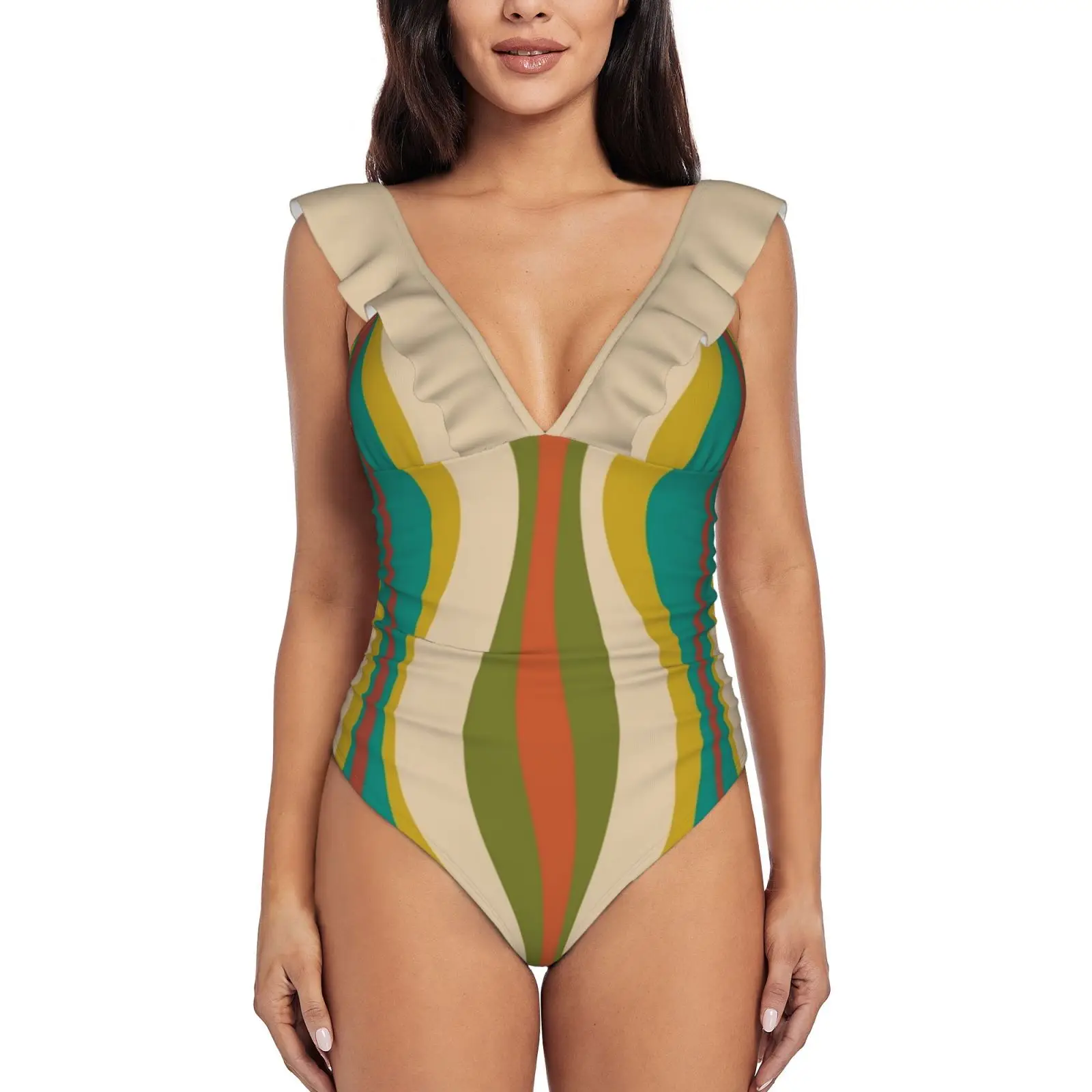 

Песочные часы с абстрактным изображением среднего века, современный Бирюзовый Купальник с оборками, Женский цельный купальник, монокини с ...