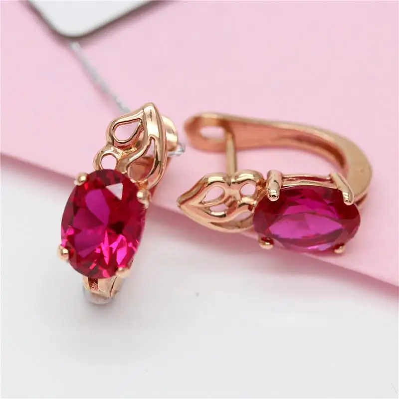 

Russian 585 purple gold inlay red stone earrings plated 14K rose color gold simple Korean version of Women's new Classic luxury