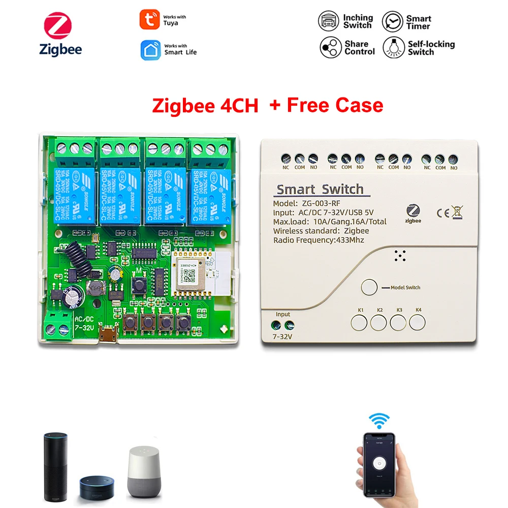 

Zigbee 3.0 Tuya 4CH DC 7-32V 85-250V Smart Relay Switch Wireless Module 433MHz RF With Alexa Google Home