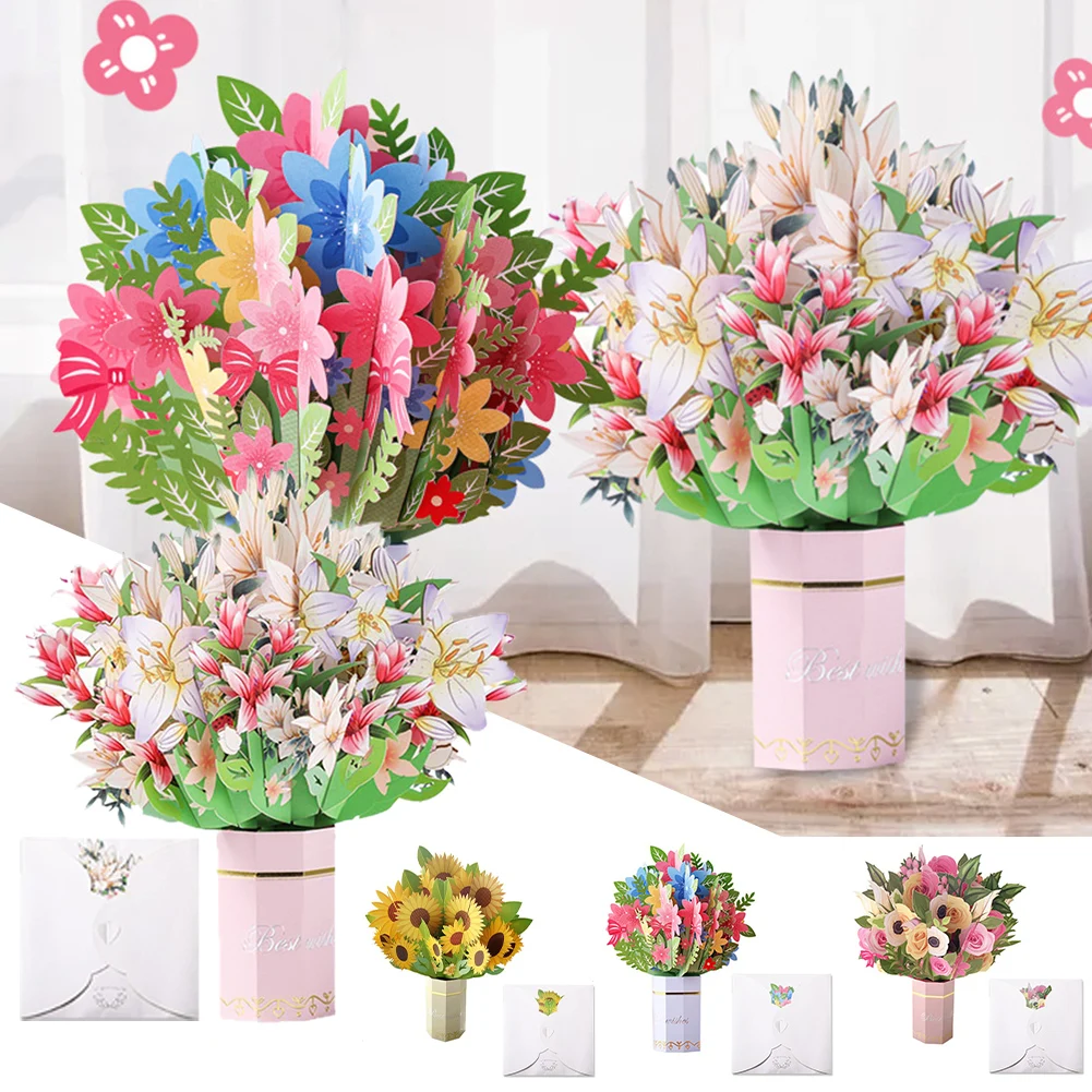 

3D Pop Up Mothers Day Cards Gifts Floral Bouquet Greeting Cards Flowers For Mom Wife Birthday Sympathy Get Well Sunflower Lily