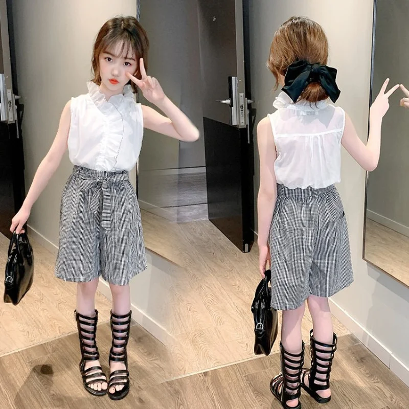 

Kids Clothes for Girls Summer Outfits Lace Collar Shirt + Plaid Shorts Teen Girl Clothing Sets Sleeveless Children's Costume
