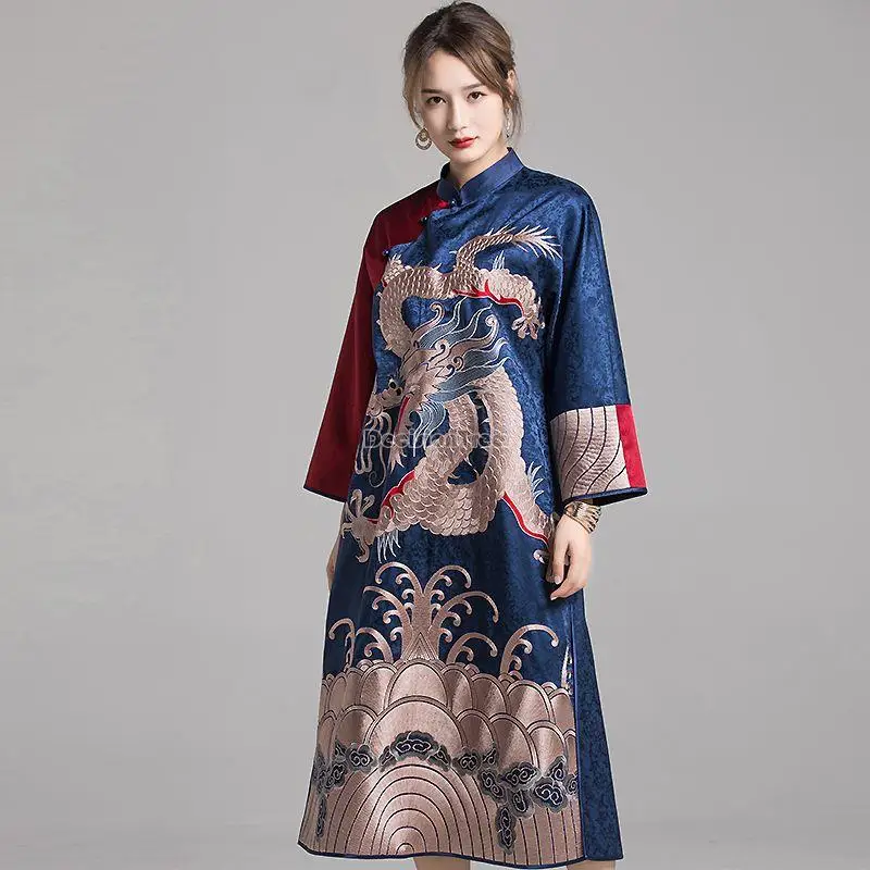 

2023 chinese style dragon robe female cheongsam improved dress autumn winter long sleeve vintage embroidery elegant qipao s34