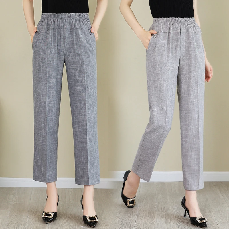 

Pants For Spring And Summer Women Ankle-Length Pants Soft Cotton Line Elastic Waist Pant Female Plus Size L-5XL YTNMYOP