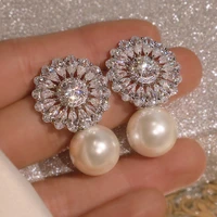 hot luxury dainty zircon flower pearl drop earrings for women trendy silver plated dangle female jewelry wedding valentine gifts