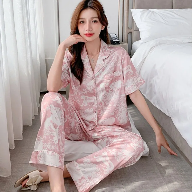 

Women Pajamas Short Sleeve Pants Two Piece Set Summer Silk Thin Lapels Sweet Cardigans Large Size Casual Home Clothing