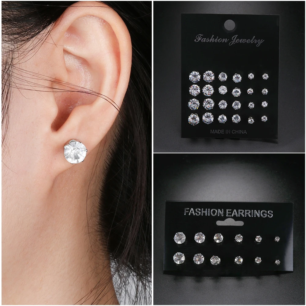 

6/12 Pairs Stud Earrings Set Exquisite Alloy Silver Geometric Crystal Round Zircon Simple Elegant Jewelry Gift for Women