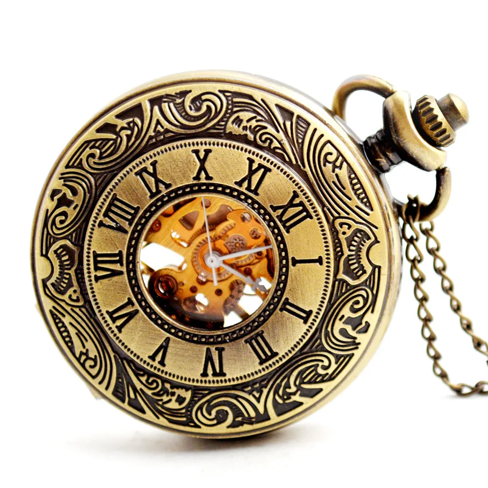 Luxury Golden Mechanical Pocket Watch for Men Women Transparent Dial Gold Case Fob Chain Clip Pendant Clock for Collection Gifts