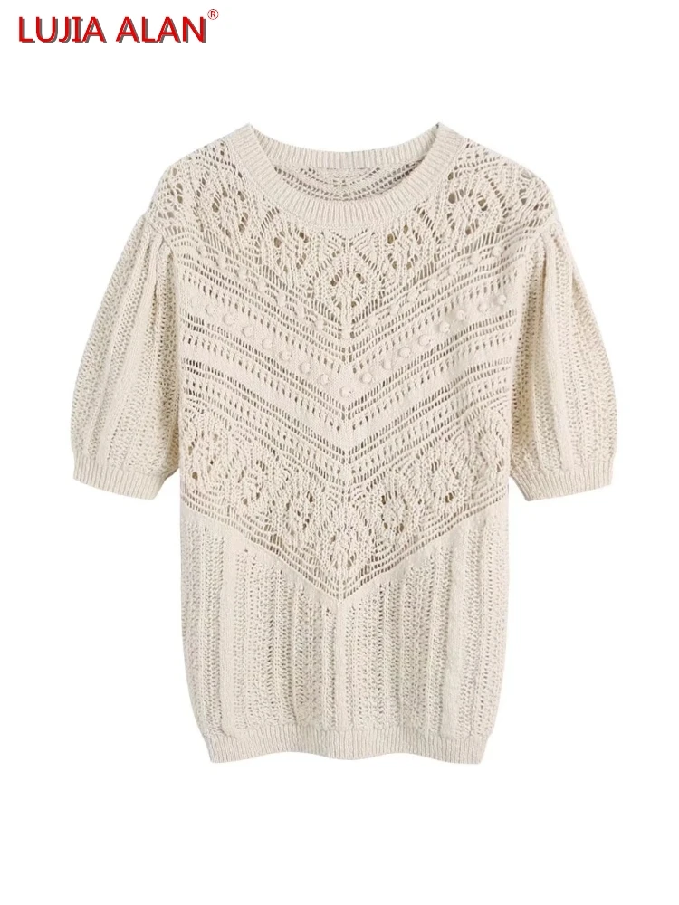 

Women Hollow Design Knitted Sweater Female Puff Sleeve Pullover Casual Lady O-Neck Loose Tops LUJIA ALAN SW1602