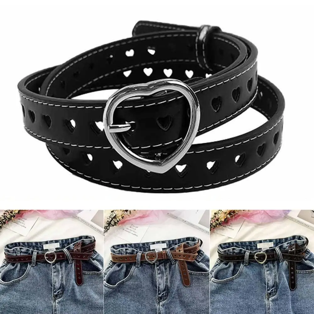 

Vintage Heart Shape Jeans Women PU Leather Solid Color Belt Waist Belt Pin Buckle