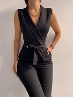 women summer jumpsuits v neck lace up sleeveless wide leg pants button ladies bodysuits one piece sleeveless lace up romper 2022