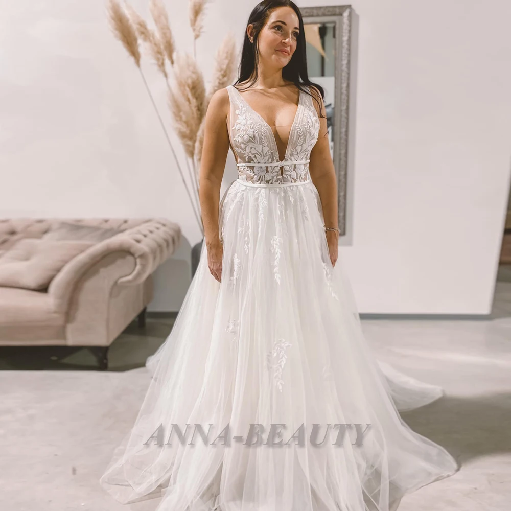 

Anna A Line Tank Wedding Dresses Tulle Appliques Pastrol Court Train Robe De Mariée Sleeveless V Neck Backless Made To Order