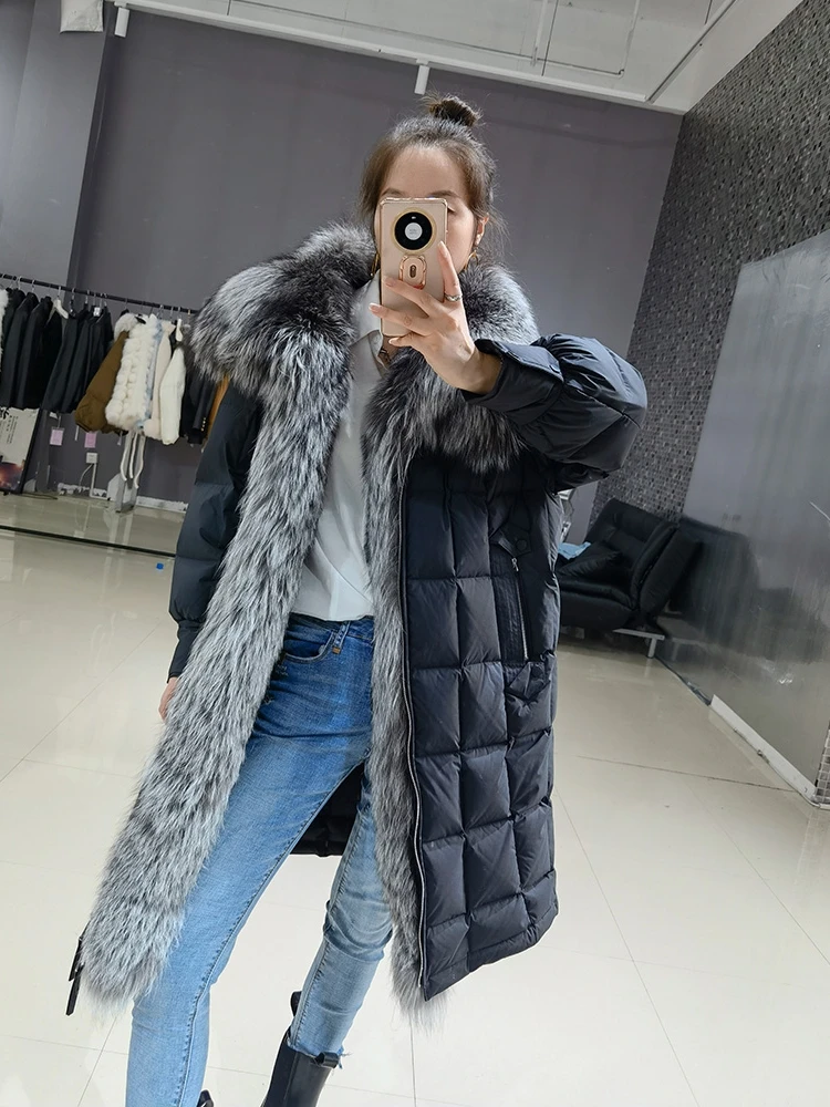 

Модное толстое теплое пальто с воротником из натурального Лисьего меха, длинное зимнее пальто для женщин, роскошные пуховики, женская верхняя одежда