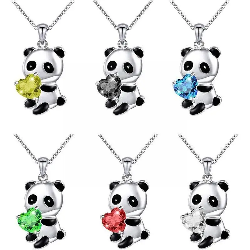 

New Fashion Cute Panda Pendant Necklace For Women Sweet Heart Shape Crystal Dangle Chain Necklace Charm Jewelry Girls Gifts A8m2