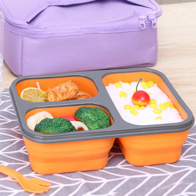 

Пищевой контейнер Bento, Силиконовый складной контейнер для еды с крышками, для закусок, салатов, фруктов, 3 отделения, не содержит Бисфенол А