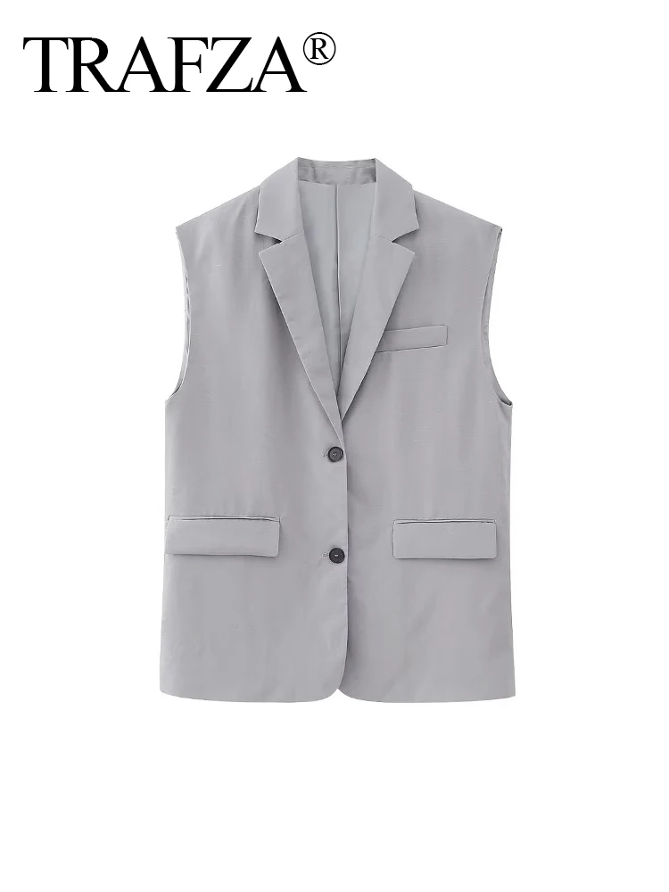 

TRAFZA Female Streetwear Waistcoats Solid Color V-Neck Pockets Button Sleeveless Single Breasted Summer Vests Women 2023 Trendy