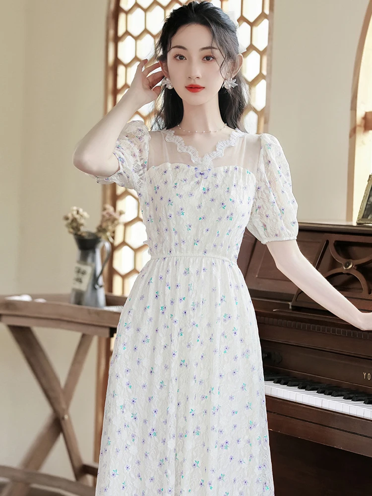 

Женское кружевное платье с бантом на спине, Элегантное Длинное Платье в стиле ретро с принтом и рукавами-фонариками на лето