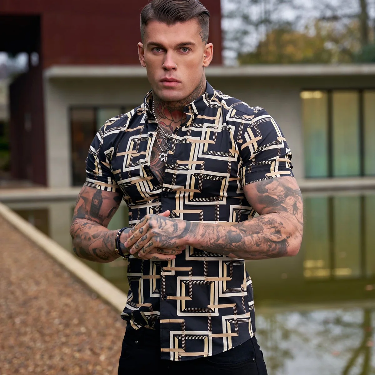 2022Summer thin casual lapel light luxury 3D digital printing shirt trend men's outdoor social cocktail party T-shirt