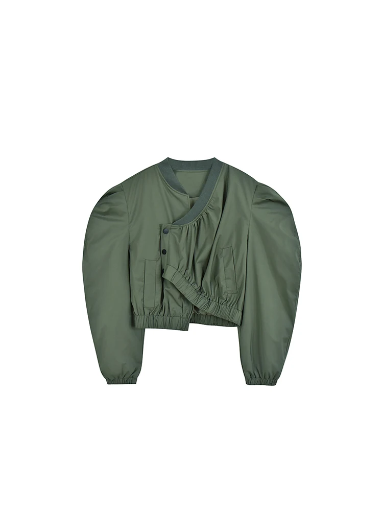 

American Style Vintage Women Autumn Winter Stand Neck Solid Color Jacket Coat Baggy Long Sleeve Pleated Design Outer Streetwear