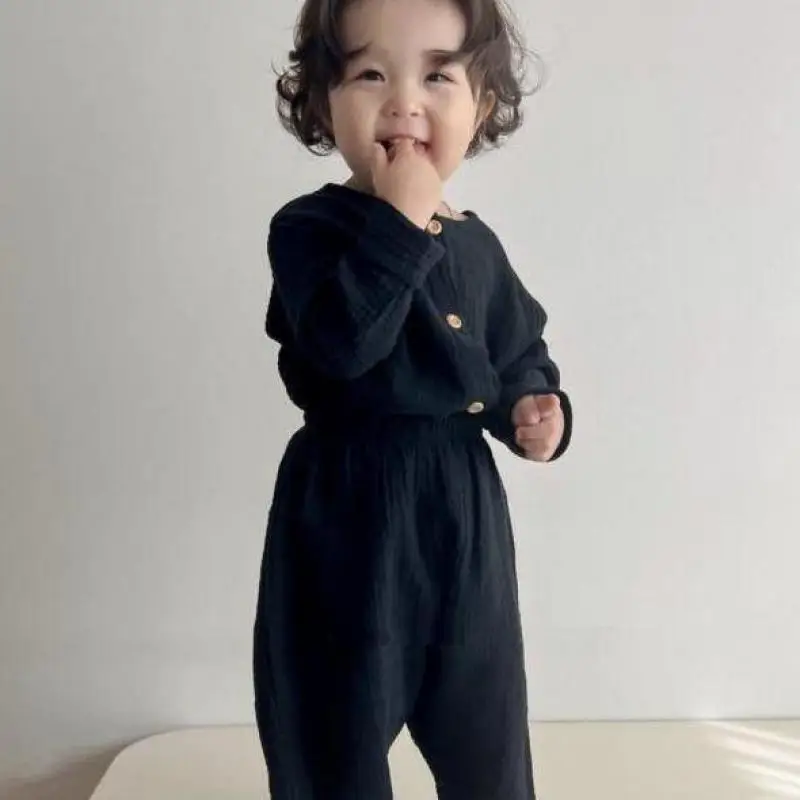 

Autumn Ins Children Cotton Linen Solid Long Sleeve Shirt Suit Boy Baby Casual All-match Tops + Pants 2pcs Kid Girl Blouses Set