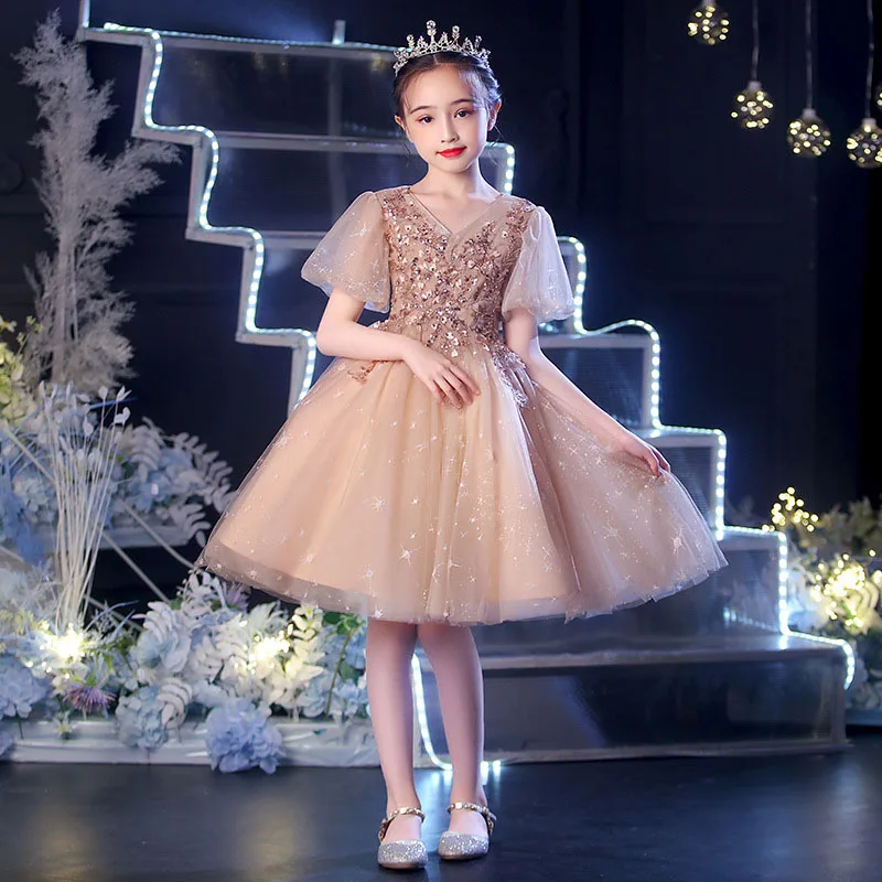 Girls Dress coffee color children's princess dress flower girl walk show dress tuft gauze emcee exotic piano playing dress