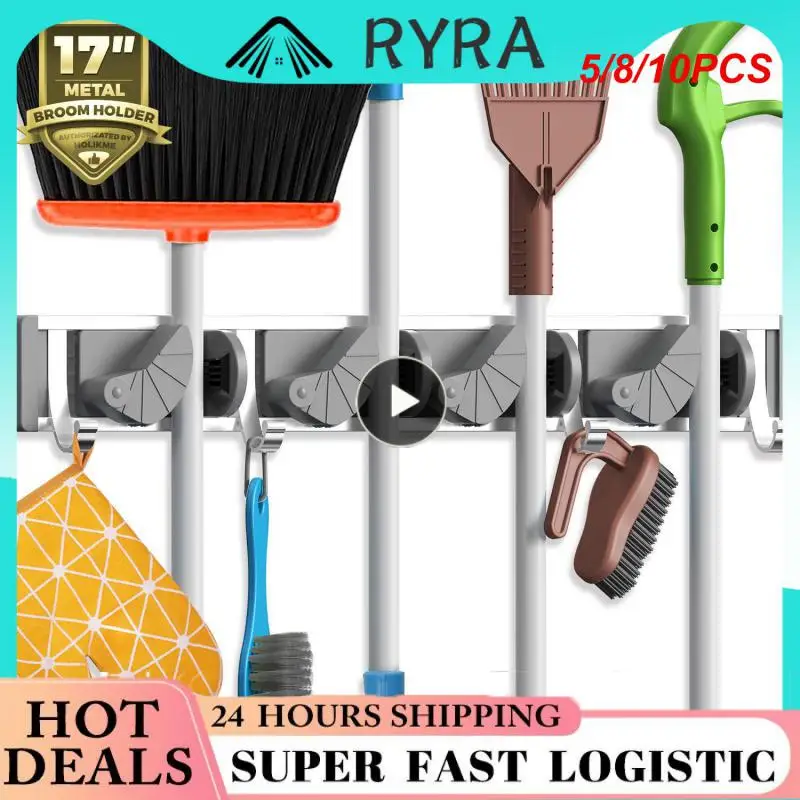 

5/8/10PCS Broom Rack Punch-free Durable Hooks Saving Place Space Aluminum Mop Rack Bathroom Accessories Home Storage Rack