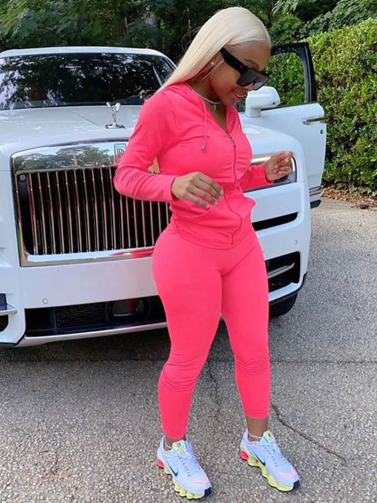 

WeiYao Streetwear 2 Piece Set Women Outfit Hooded Zipper Pocket Sporty Jackets Leggings Matching Sets Workout Stretchy Sweatsuit