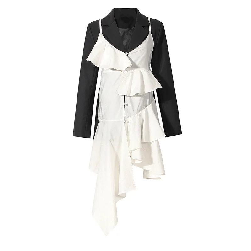 

Minority suit women's autumn new asymmetric Ruffle suspender skirt splicing suit fake two-piece coat women
