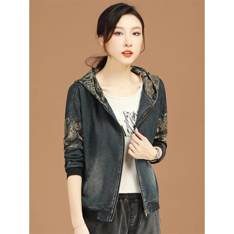 

Women Retro Printed Casual Hooded Denim Jacket 2022 Spring Autumn New Female Loose Jacket Baseball Uniform Cowboy Coat Women's A