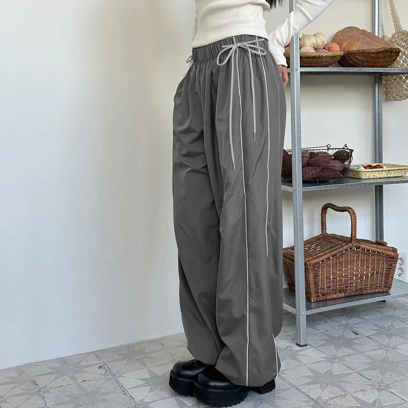 Drawstring Cargo Pants Women Y2K Vintage Streetwear Wide Leg Sweatpants 2023 Casual Female Baggy Joggers Side Striped Trousers