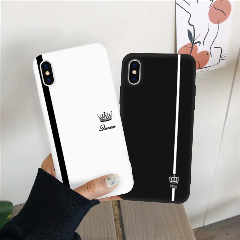 JAMULAR King Queen Lovers Couple Case for IPhone 12 13 Mini 11 Pro Max X XR XS Max 7 8Plus SE Black White Silicon Soft Cover Bag
